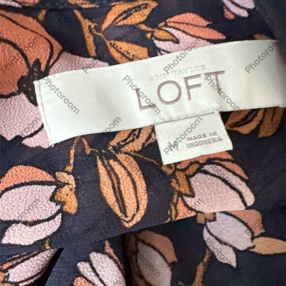 Loft Medium Blue & Pink Floral Button Long Balloon Sleeve Sheer Blouse - Picture 6 of 6